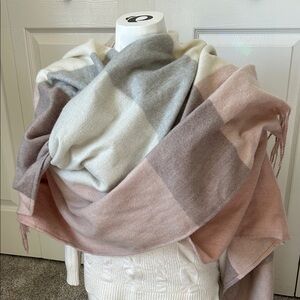 Woolrich Pink and Gray Plaid Fringe Wrap/Scarf